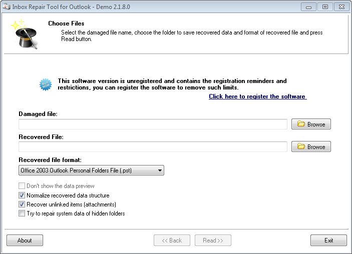 Click to view Inbox Repair Tool for Outlook 1.0.2.0 screenshot