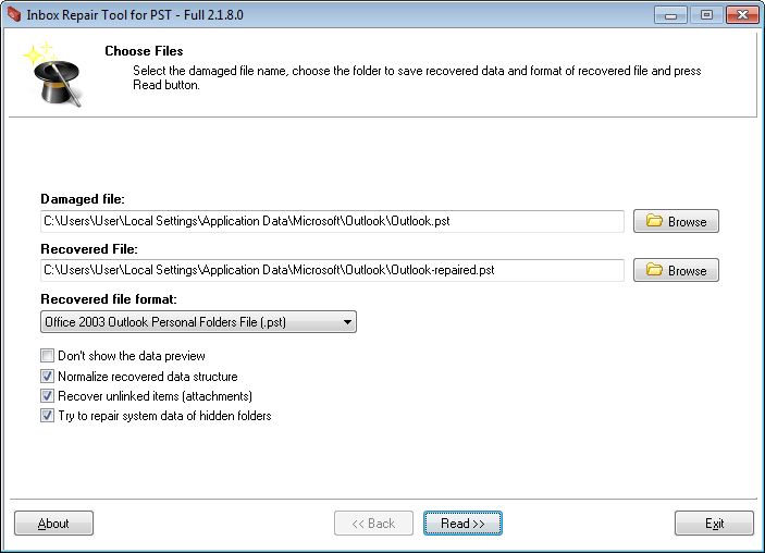 Click to view Inbox Repair Tool for PST 1.0.3.0 screenshot
